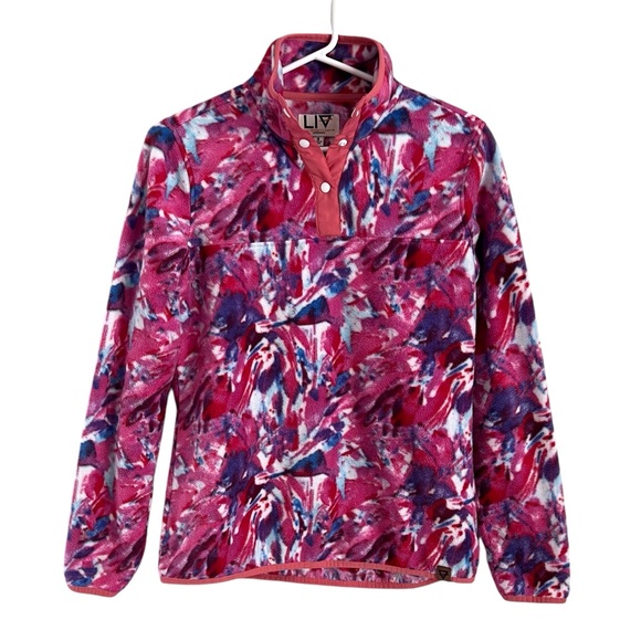 LIV Tops - LIV Women’s Fleece Pullover Snap Neck Bright Pink Abstract Print Cozy Warm Small